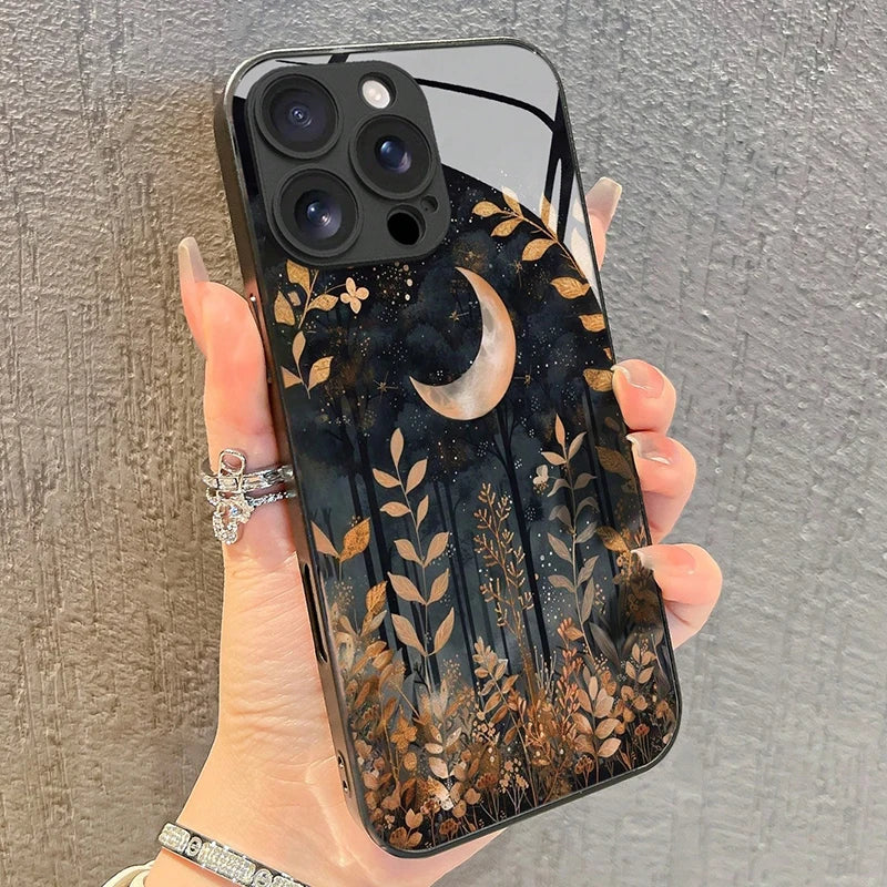 Funda minimalista de vidrio templado con estampado de hierba para iPhone