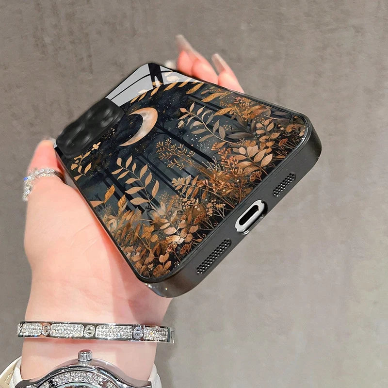 Funda minimalista de vidrio templado con estampado de hierba para iPhone
