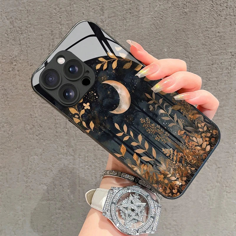 Funda minimalista de vidrio templado con estampado de hierba para iPhone