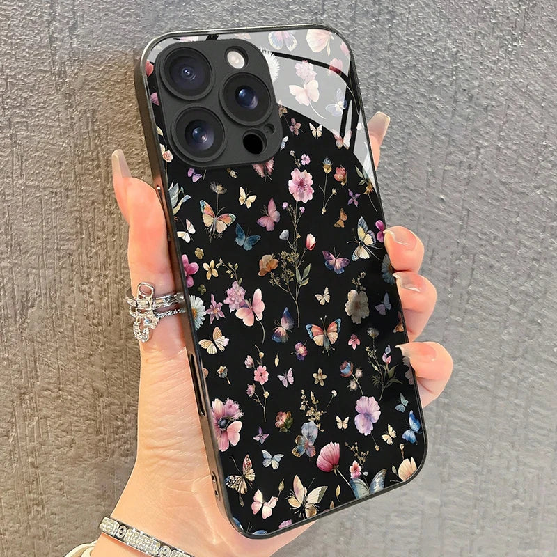 Funda minimalista de vidrio templado con estampado de hierba para iPhone