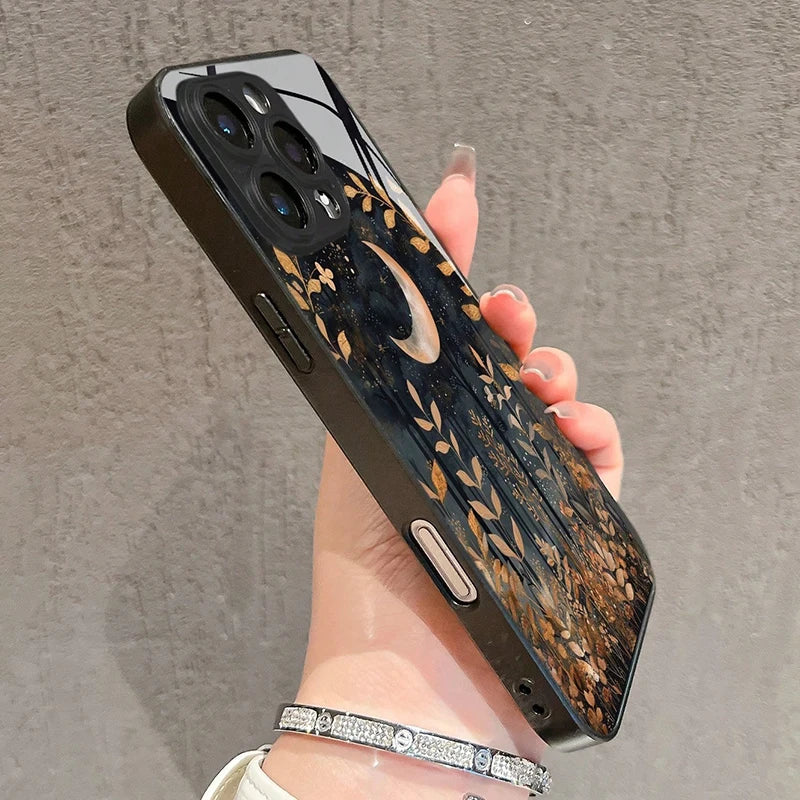 Funda minimalista de vidrio templado con estampado de hierba para iPhone