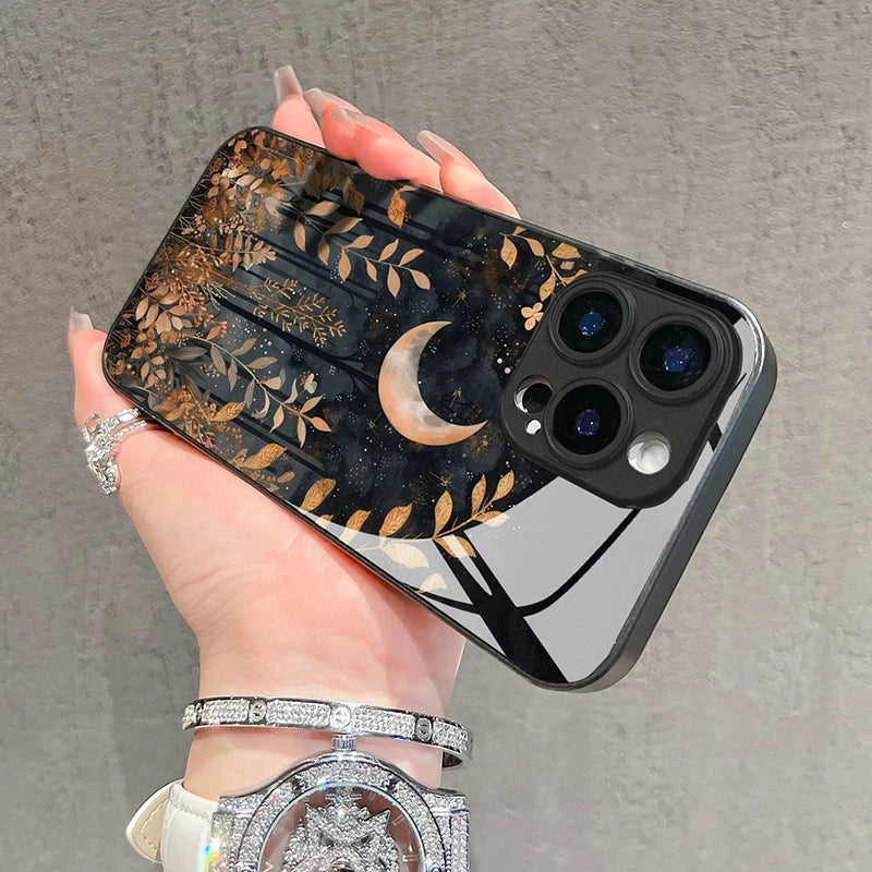 Funda minimalista de vidrio templado con estampado de hierba para iPhone