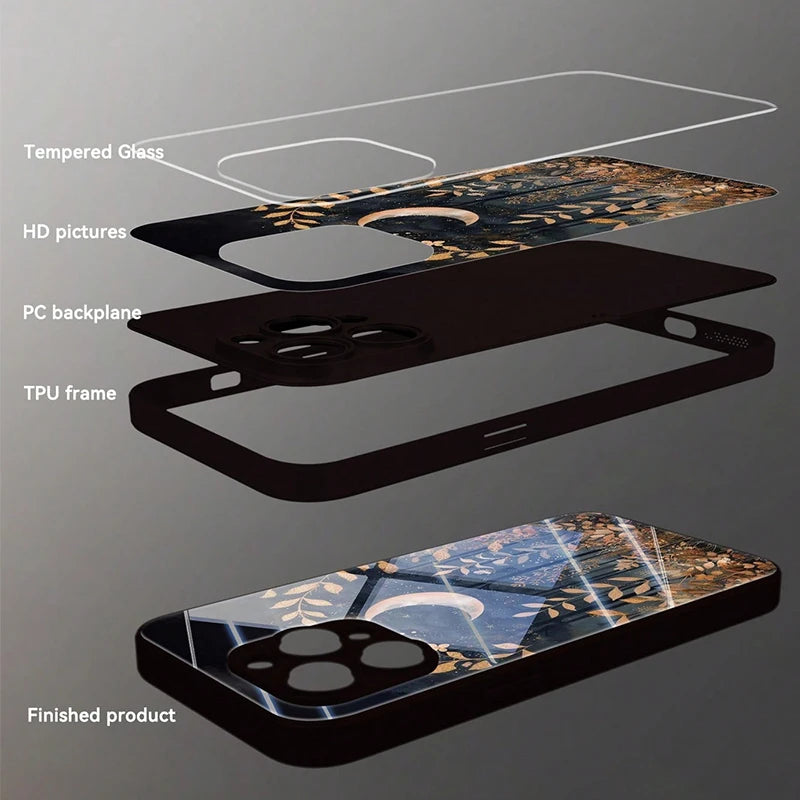 Funda minimalista de vidrio templado con estampado de hierba para iPhone