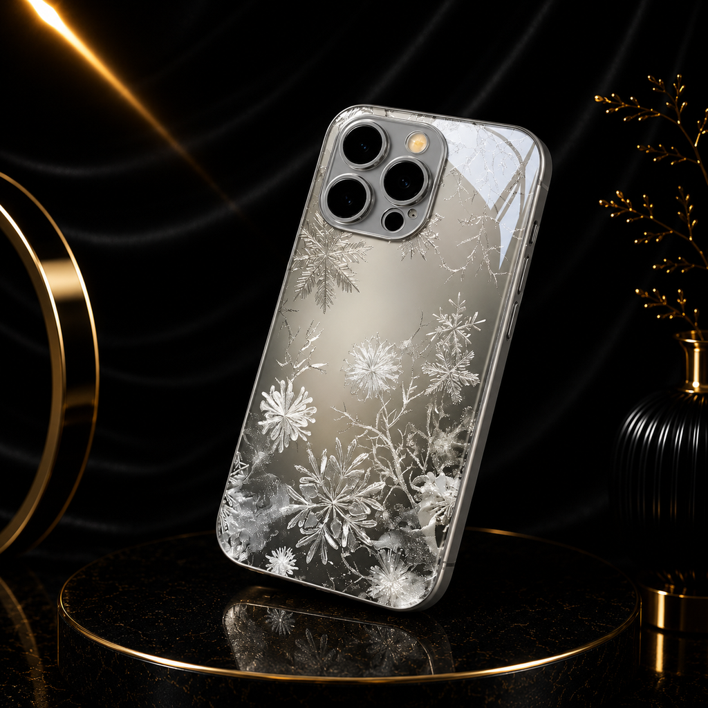 Funda de cristal minimalista para iPhone con diseño de nieve y hielo.